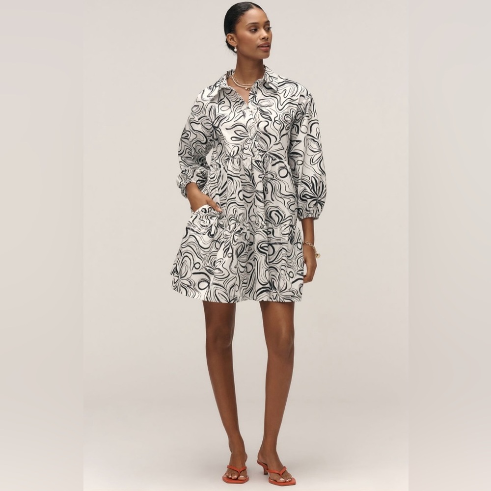 The Bettina Tiered Mini Shirt Dress Maeve Anthropologie In:Black & White Pattern